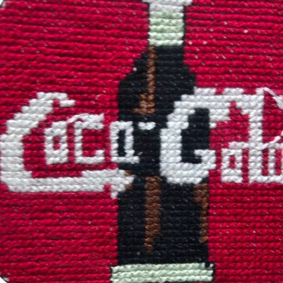 Vintage Coca Cola Cross Stitch Art In Wooden Frame Soda Pop Collectible  8 x 6 - Picture 2 of 11